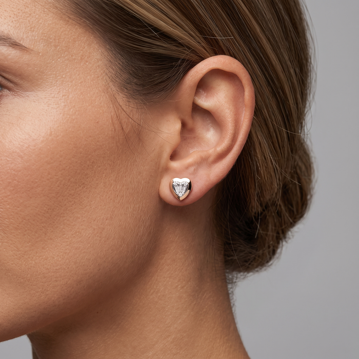 Baguette Diamond Heart Stud Earrings in 14K Yellow Gold