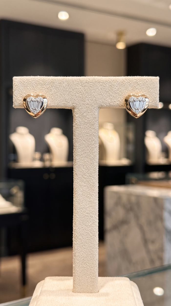 Baguette Diamond Heart Stud Earrings in 14K Yellow Gold