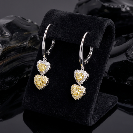 Double Heart Drop Earrings in 18K White Gold