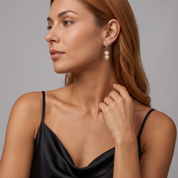 Double Heart Drop Earrings in 18K White Gold