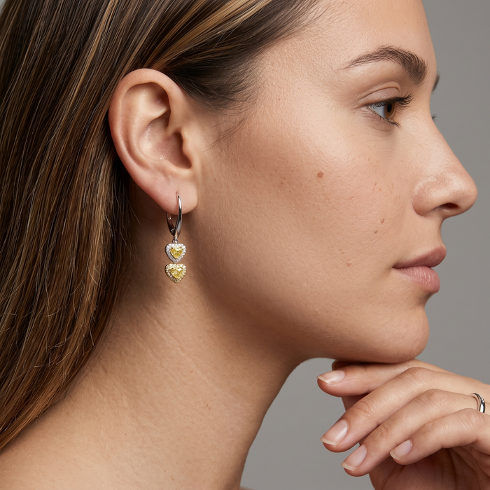 Double Heart Drop Earrings in 18K White Gold