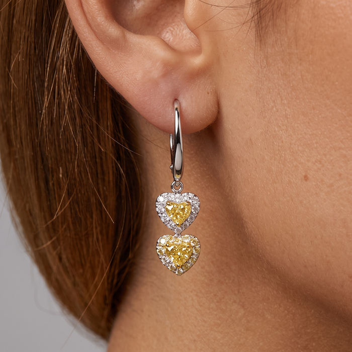 Double Heart Drop Earrings in 18K White Gold