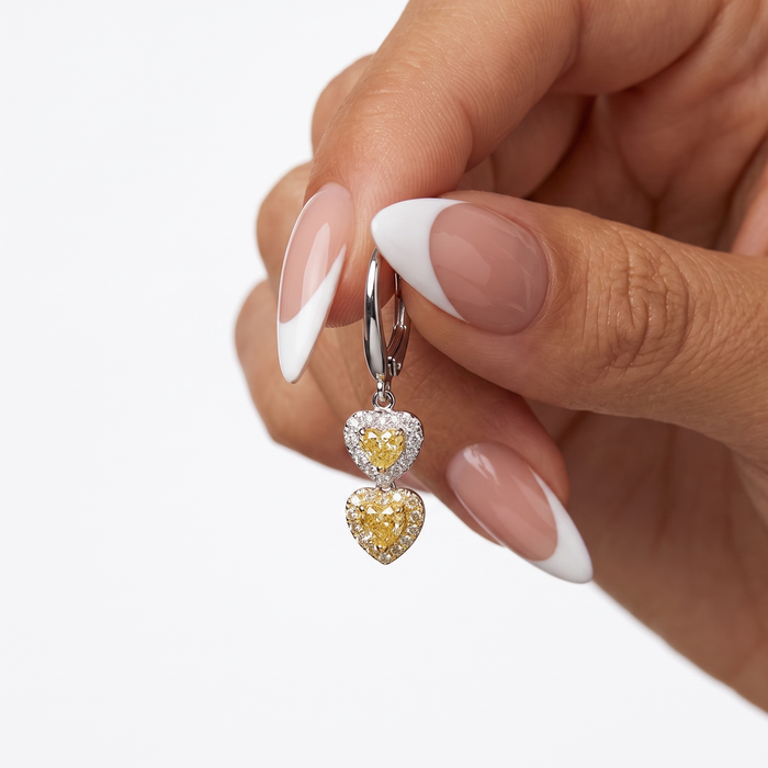 Double Heart Drop Earrings in 18K White Gold