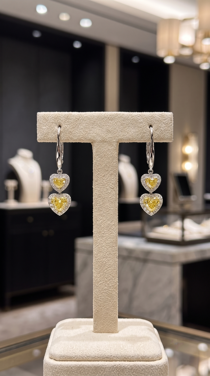 Double Heart Drop Earrings in 18K White Gold