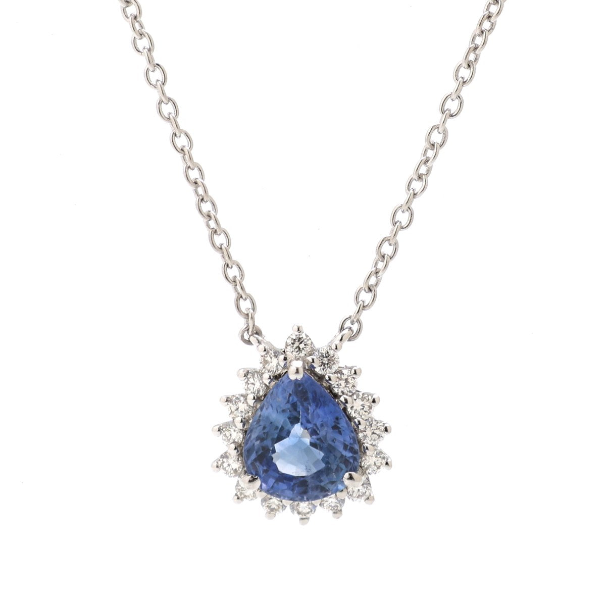 Royal Blue Sapphire 18K White Gold Halo Pendant Necklace
