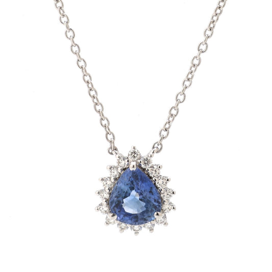 Royal Blue Sapphire 18K White Gold Halo Pendant Necklace