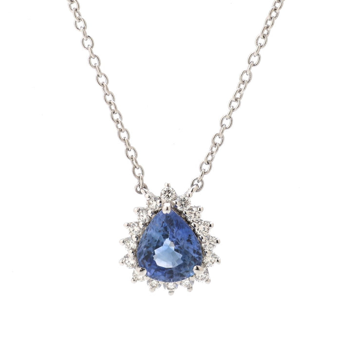 Royal Blue Sapphire 18K White Gold Halo Pendant Necklace