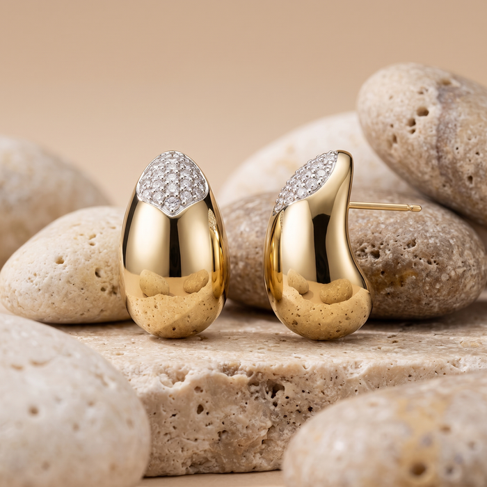 Sleek Oval Diamond Stud Earrings in 14K Yellow Gold