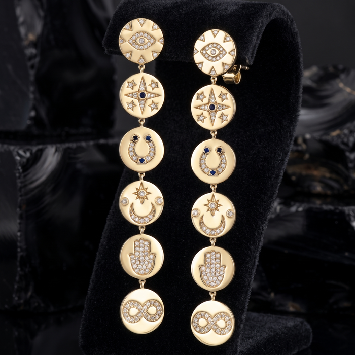 Mystic Medallion Charms Drop Earrings in 14K Yellow Gold