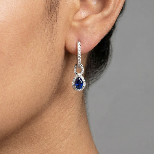 Eclipse Luxe Blue Sapphire Diamond Drop Earrings in 18K White Gold