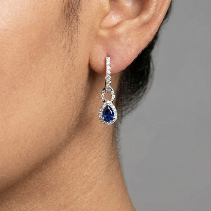 Eclipse Luxe Blue Sapphire Diamond Drop Earrings in 18K White Gold