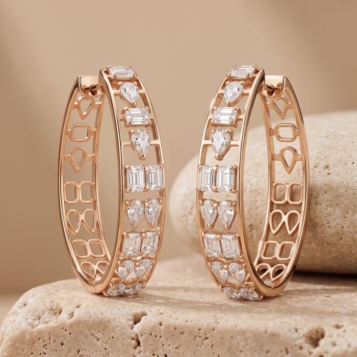 Geometric Openwork Diamond Hoop Earrings in 14K Gold