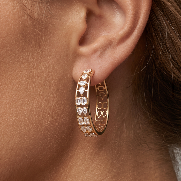 Geometric Openwork Diamond Hoop Earrings in 14K Gold