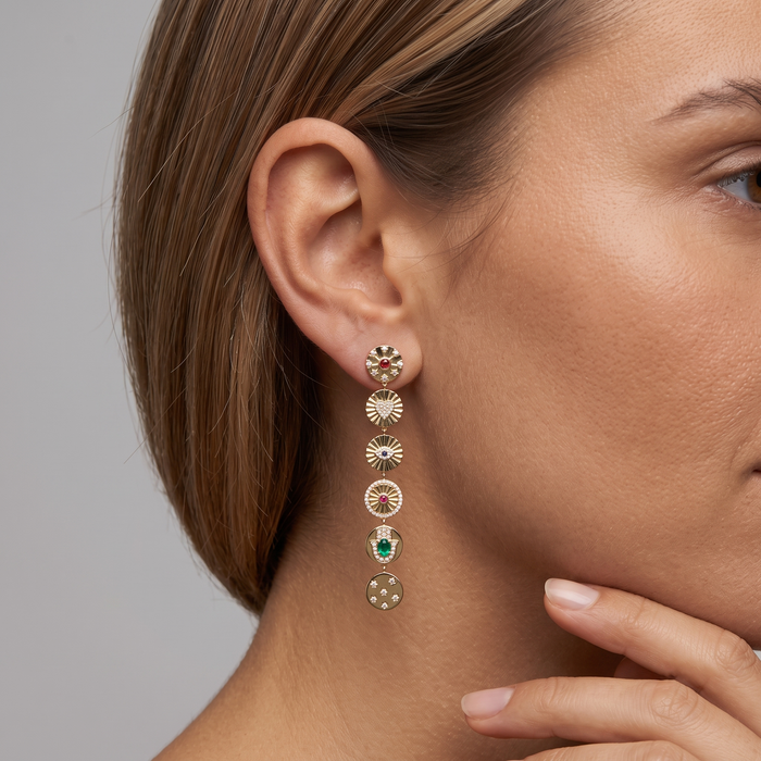 Multi Gemstone Dangle Coin Drop Earrings in 14K Yellow Gold