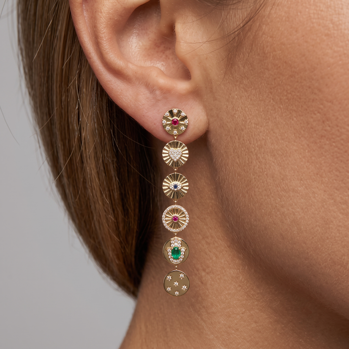 Multi Gemstone Dangle Coin Drop Earrings in 14K Yellow Gold