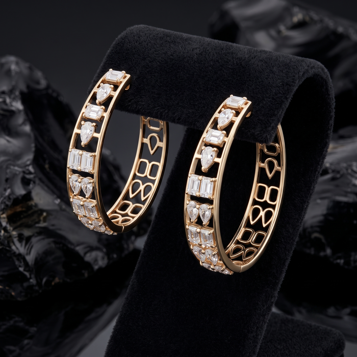 Geometric Openwork Diamond Hoop Earrings in 14K Gold