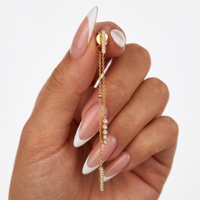 Pave Bars Double Chain Drop Earrings in 14K Yellow Gold