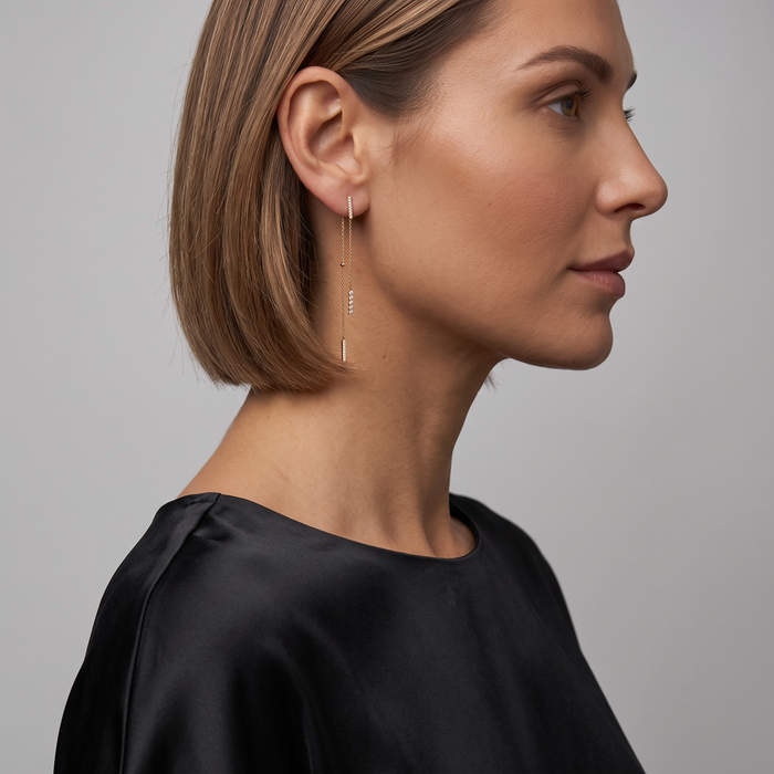 Pave Bars Double Chain Drop Earrings in 14K Yellow Gold