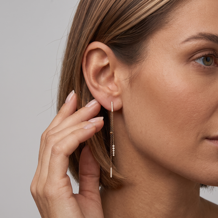 Pave Bars Double Chain Drop Earrings in 14K Yellow Gold