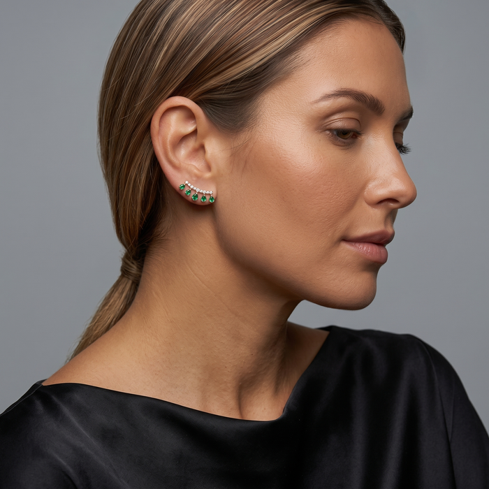 Emerald Teardrop Diamond Climber Earrings in 14K Yellow Gold