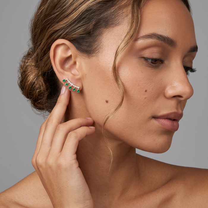 Emerald Teardrop Diamond Climber Earrings in 14K Yellow Gold