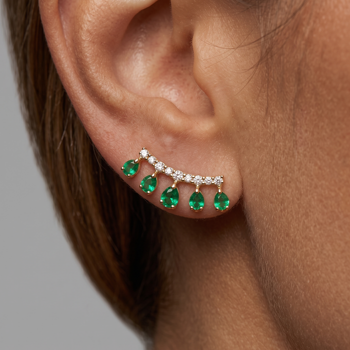 Emerald Teardrop Diamond Climber Earrings in 14K Yellow Gold
