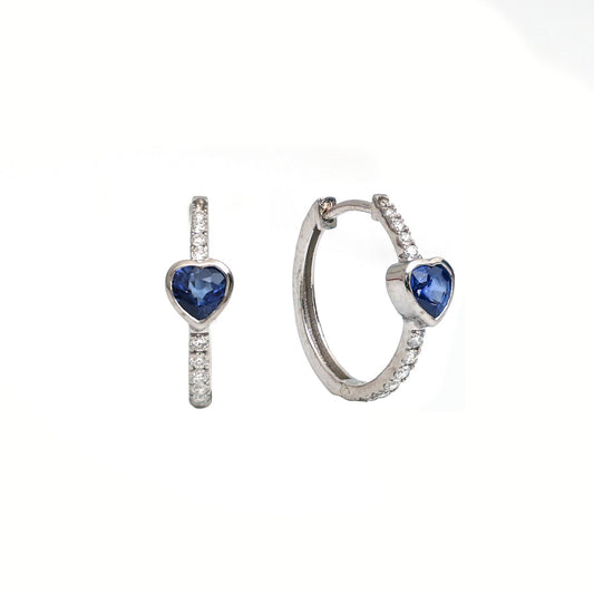 Heart Blue Sapphire 14K (18K Custom) White Gold Hoop Earrings