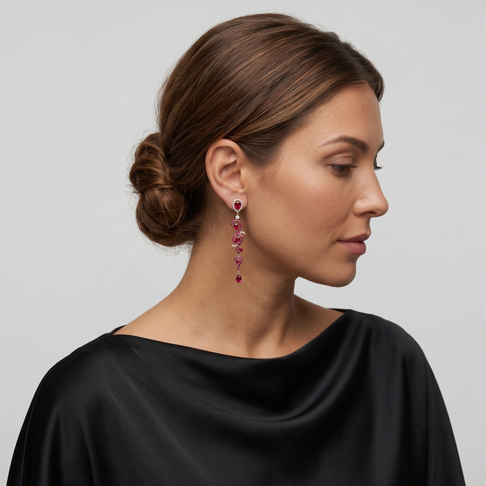 Ruby Drop Dangle Intricate Earrings in 18K Rose Gold