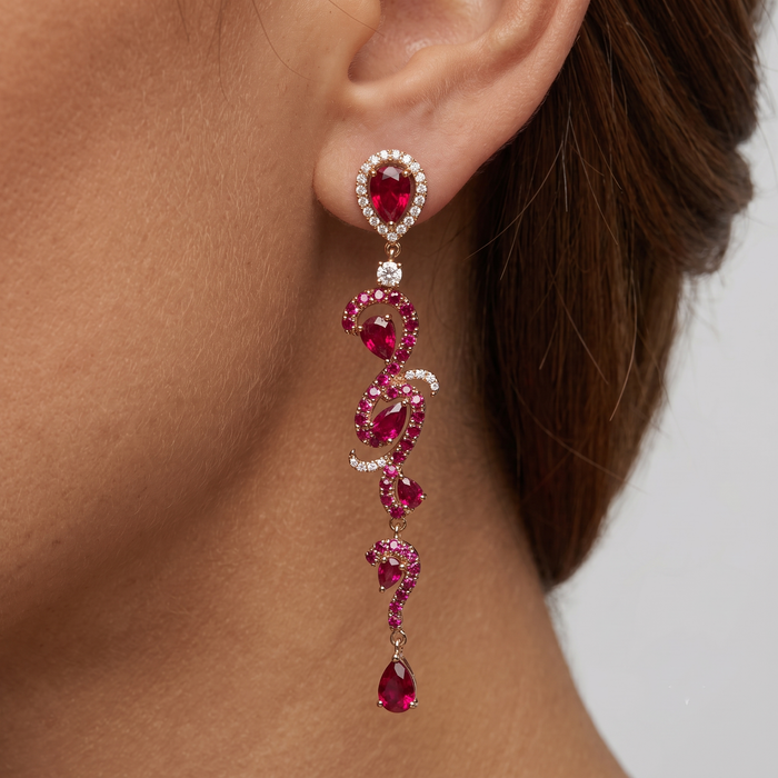 Ruby Drop Dangle Intricate Earrings in 18K Rose Gold
