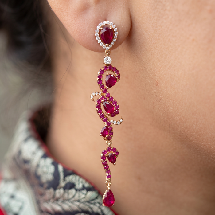Ruby Drop Dangle Intricate Earrings in 18K Rose Gold