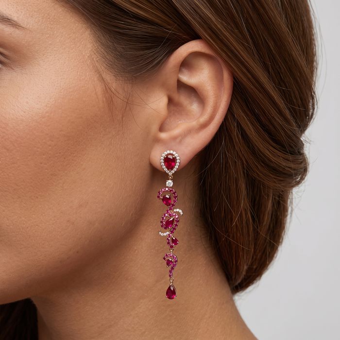Ruby Drop Dangle Intricate Earrings in 18K Rose Gold