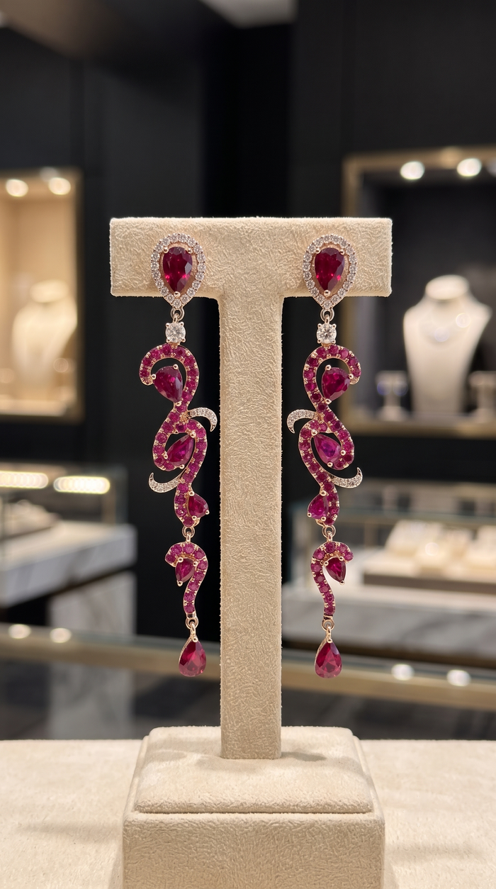 Ruby Drop Dangle Intricate Earrings in 18K Rose Gold