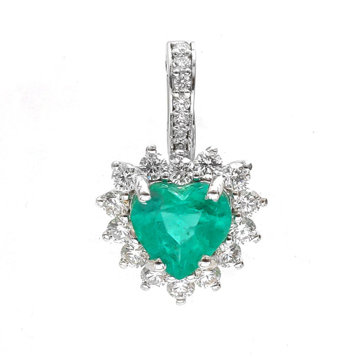 Heart-Shaped Emerald Diamond Halo 18K White Gold Pendant Necklace
