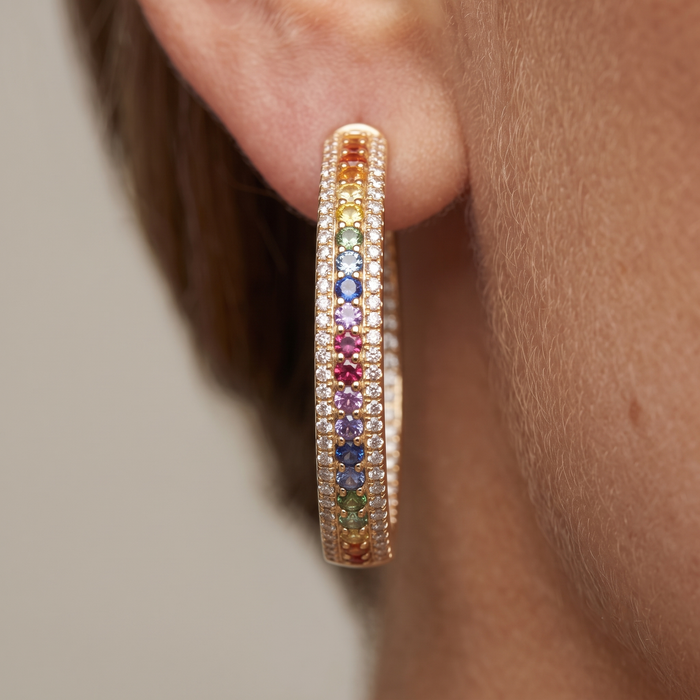 Multi-Sapphire Diamond Hoop Earrings in 14K Yellow Gold