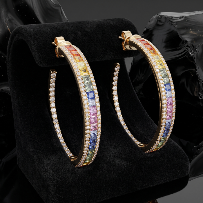 Multi-Sapphire Diamond Hoop Earrings in 14K Yellow Gold