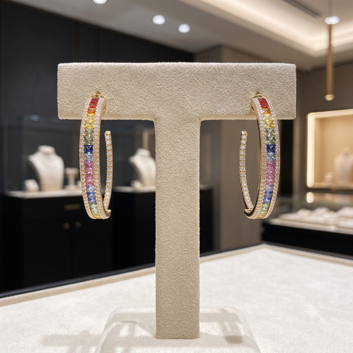 Multi-Sapphire Diamond Hoop Earrings in 14K Yellow Gold