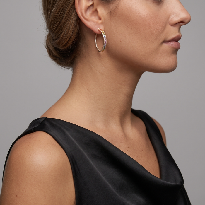 Multi-Sapphire Diamond Hoop Earrings in 14K Yellow Gold