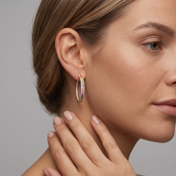 Multi-Sapphire Diamond Hoop Earrings in 14K Yellow Gold
