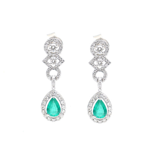 Emerald Cascade Halo 18K Natural Diamond White Gold Drop Earrings