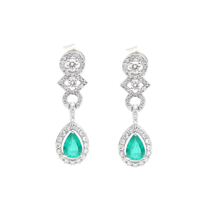 Emerald Cascade Halo 18K Natural Diamond White Gold Drop Earrings