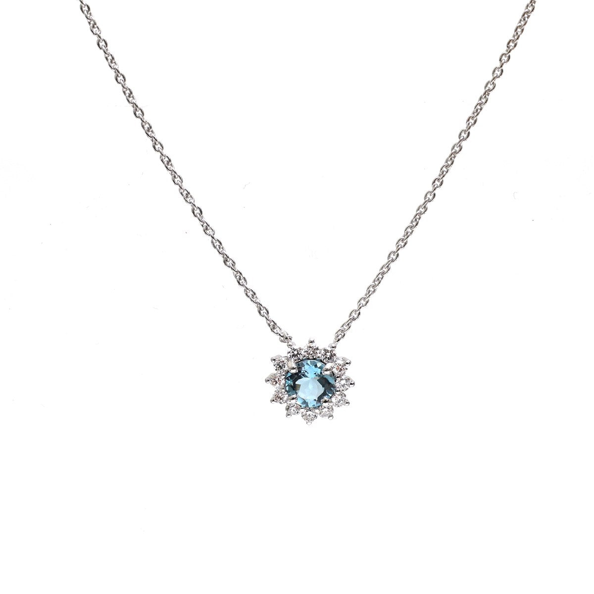 Aquamarine Diamond 18K White Gold Floral Pendant Necklace
