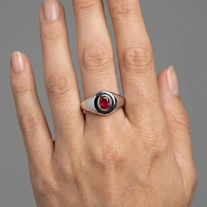Oval Ruby Bezel Signet Ring in 14K White Gold