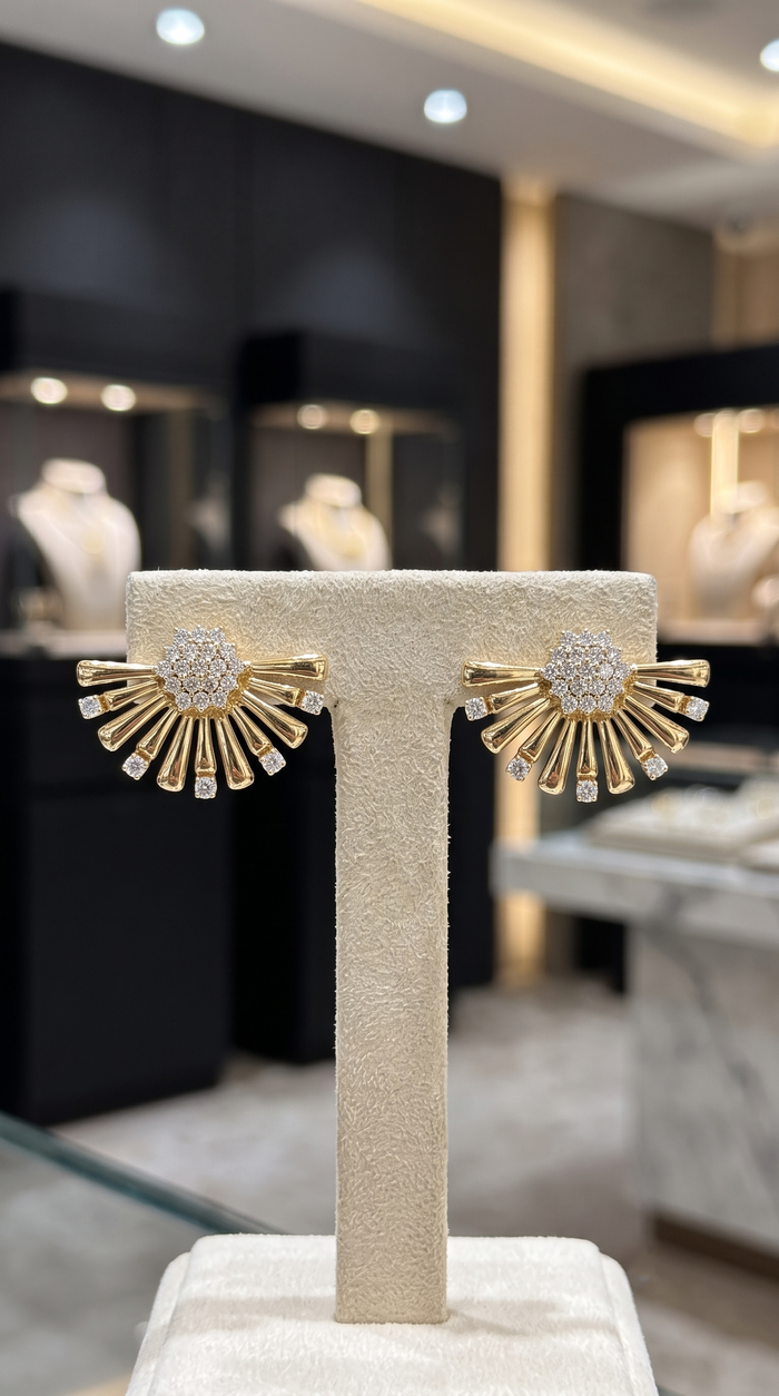 Radiant Burst Diamond Cluster Stud Earrings in 14K Yellow Gold