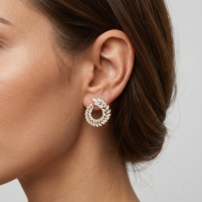 Round Leaf Shape Diamond Earrings in 18K Yellow Gold
