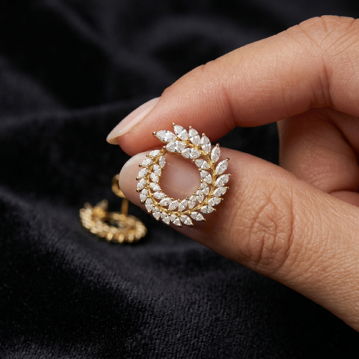 Round Leaf Shape Diamond Earrings in 18K Yellow Gold