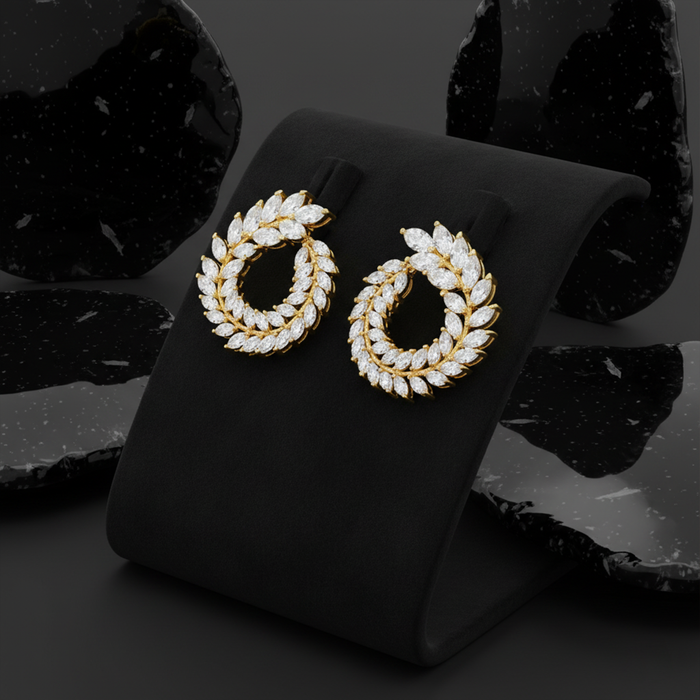 Round Leaf Shape Diamond Earrings in 18K Yellow Gold