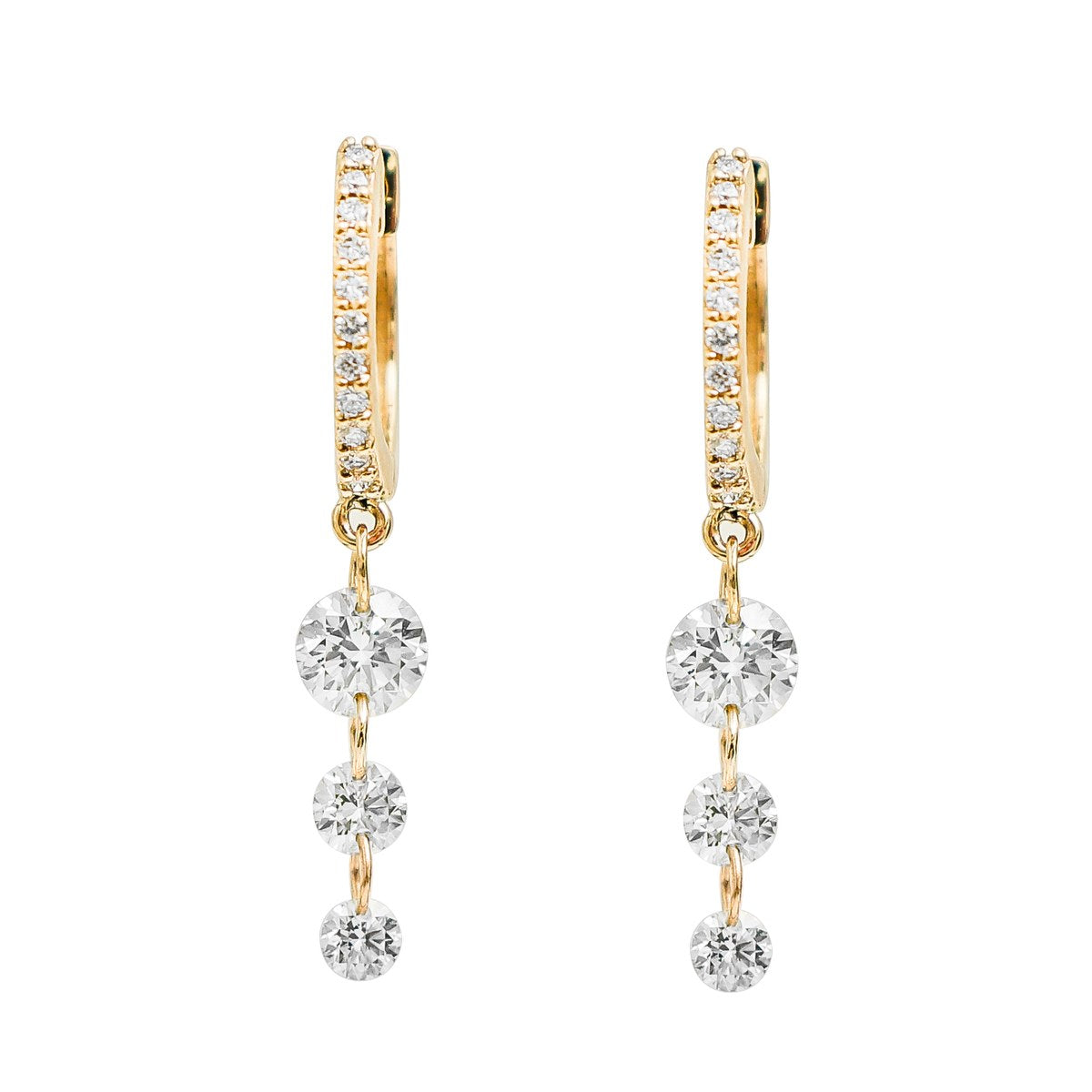 Natural Diamond 14K (18k Custom) Three-Stone Yellow Gold Drop Earrings