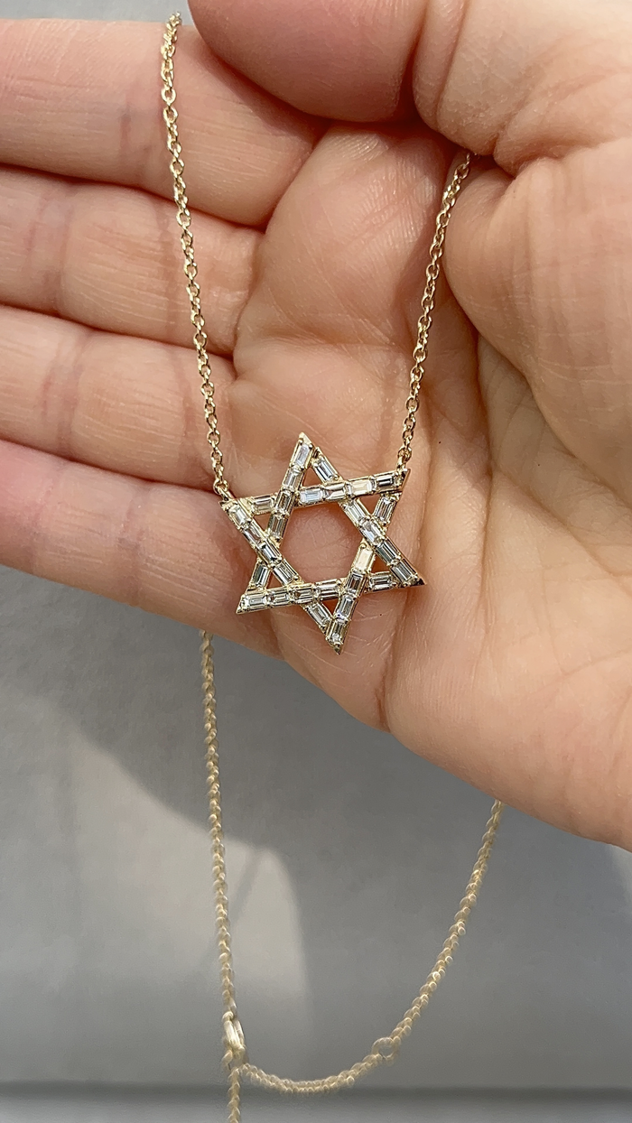 Star of David Baguette Diamond Necklace in 14K Yellow Gold