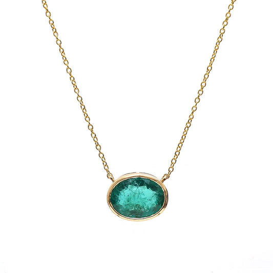 Elegant Oval Shape Emerald 18K Yellow Gold Solitaire Necklace