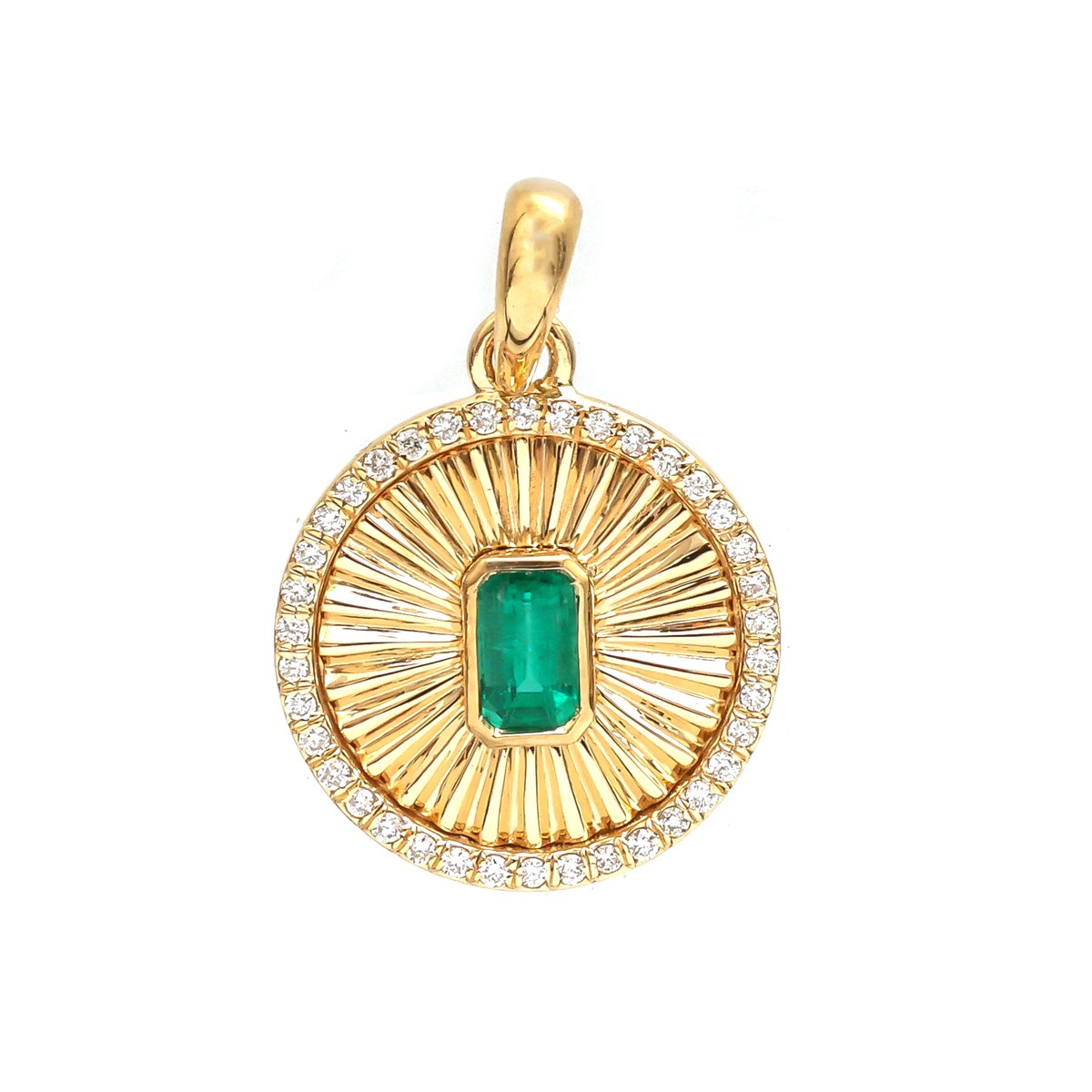 Emerald Sunburst Diamond 18K Yellow Gold Pendant Necklace
